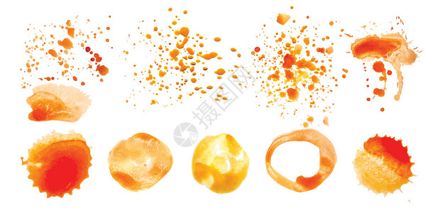 湿水彩一组矢量橙汁溅在白色背景上黄色艺术红色斑点水彩画刷子橙子草图墨水插图设计图片