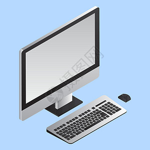 3D 显示带有键盘的计算机和蓝背面的模子背景图片