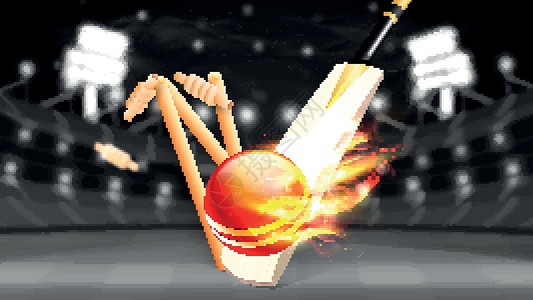蟋蟀夜间体育场背景下的板球击球桩和球着火插画