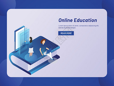在线教育或电子学习概念与等距说明服务网站社会女孩电脑网页页面教学反应女士背景图片