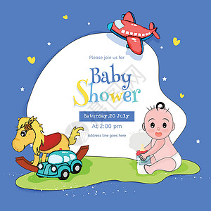 婴儿玩具飞机拿着不同玩具和活动细节的可爱婴儿奶瓶插画