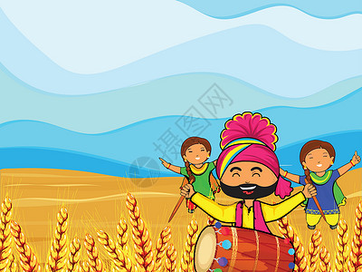 杜兰小麦快乐的旁遮普人在麦田里为 Baisakhi 名人插画