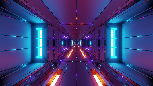 未来空间机库隧道走廊与热金属窃取 3d 渲染壁纸背景科幻插图玻璃底运动玻璃建筑蓝色反射铁水寺庙背景