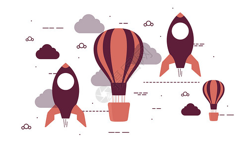 热气球项目用于创业的扁平火箭和热气球插画