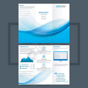 带有蓝色波浪的商业三折传单或传单设计营销海浪样本海报广告出版商折叠插图推介会报告背景图片