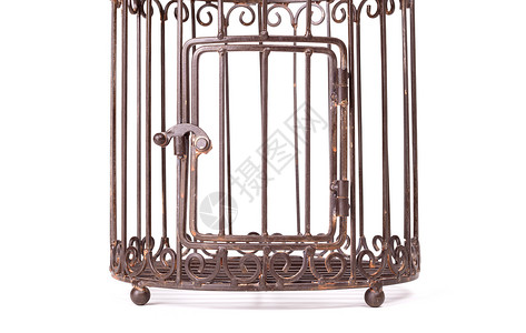 金属鸟笼白背景上的空鸟笼雀圆形白色俘虏金属栅栏鸟笼宠物监狱背景