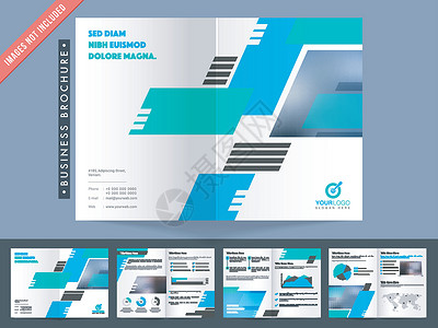 蓝色企业宣传画册封面为您的企业舞会设置的多页蓝色和绿色传单插画