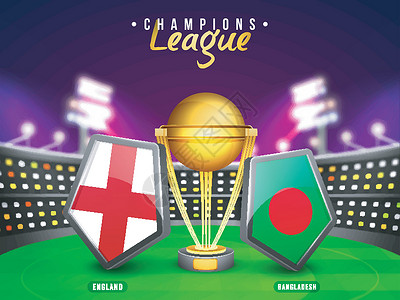 国家体育场英格兰 Vs 孟加拉国国家旗盾板球插画