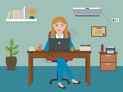 女工作工作场所的平面样式插图女孩商业办公室公司房间会议创造力家具设计冷气机设计图片