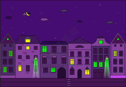 游客接待中心城市在晚上矢量图 欧洲城市的老街插图地标石头住宅住房房子中心摩天大楼路灯旅行设计图片