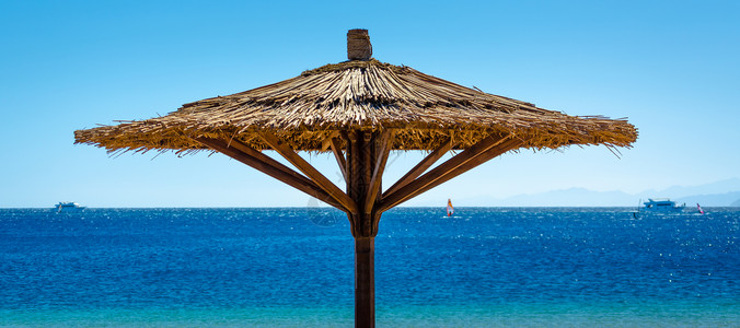 对抗埃及蓝海的沙滩雨伞高清图片