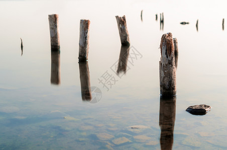 水的平静表面中的木板柱海景反射海洋季节气候环境背景图片