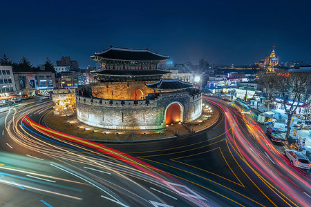 华城2018年1月22日 南朝鲜苏旺 詹加的入口历史性堡垒历史城市日落地标水原交通建筑学遗产背景