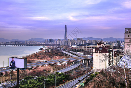 蚕室韩国首尔市天线日落地标场景市中心旅行照片城市商业天际景观背景