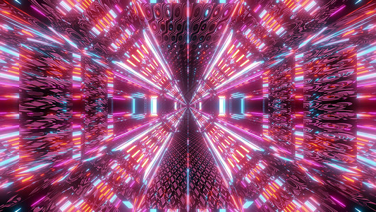 抽象质感的科幻隧道走廊与无尽的灯光 3d 插图墙纸背景 图库图片小说纹理红色艺术橙子运动蓝色渲染背景图片