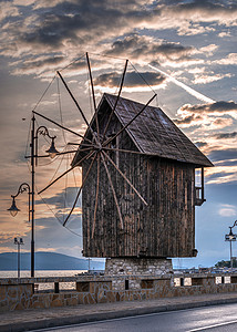 风车建筑保加利亚Nessebar老风车博物馆假期古城文化遗产防御废墟海岸工事建筑旅游背景