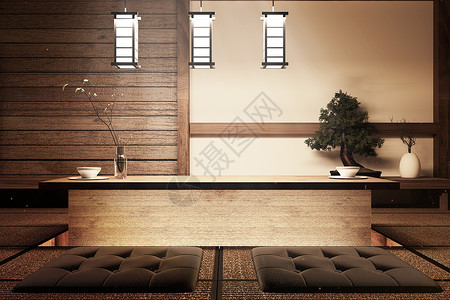 客厅 有灯 木制桌装饰和盆子家具盆景风格桌子奢华榻榻米木头白色房子房间背景图片