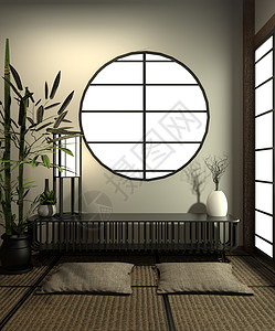 配有塔太美垫底和日本装饰品的室内最起码设计房子渲染商事地面榻榻米文化竹子建筑学地毯花瓶背景图片