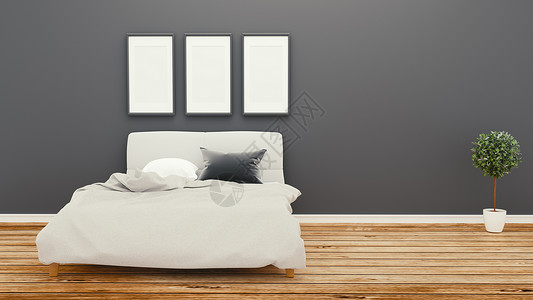 空房 床间 木制3D层的黑墙背景图片