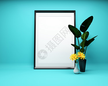 塑料相框薄荷背景上的白色相框与植物模型  3D立体背景