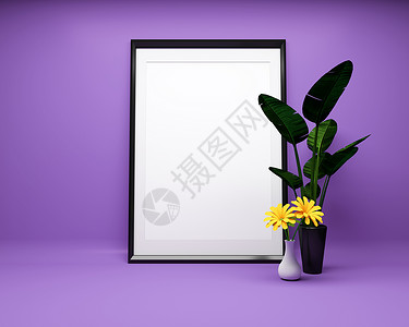 玻璃镜框紫色背景上的白色相框与植物模型  3个背景