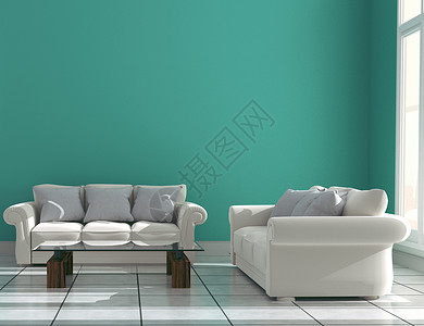 薄荷墙与陶瓷地板内部的沙发餐具柜  3D立体高清图片