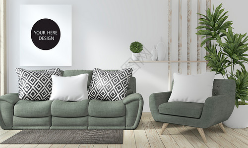 装饰沙发绿色和装饰植物的海报架子室地面框架架子家具房间渲染艺术靠垫枕头绘画背景图片