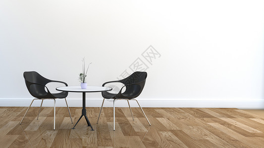 立体圆桌素材两把椅子和餐桌木地板和白墙  3D立体背景