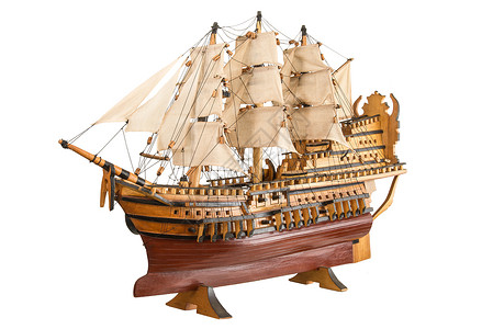 白色背景的旧加仑模型手工航行护卫舰旗杆历史性帆船楷模工艺木头概念背景图片