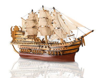 白色背景的旧加仑模型导航楷模木头帆船护卫舰旗杆手工概念航行历史性背景图片