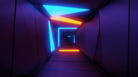 蓝色发光通道高度抽象的设计隧道走廊与发光的光图案 3d 插图壁纸背景辉光蓝色渲染橙子运动墙纸艺术背景