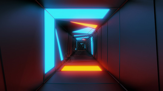 蓝色发光通道高度抽象的设计隧道走廊与发光的光图案 3d 插图壁纸背景蓝色辉光橙子运动渲染墙纸艺术背景