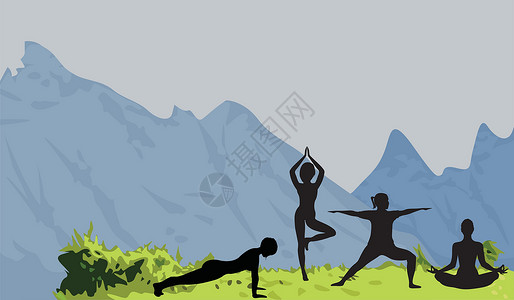 福利在这里在自然中做瑜伽练习的女性剪影设计图片