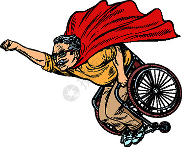 坐在轮椅上残疾的退休超级英雄 老年人健康长寿诊所医院残障男人戏服英勇快乐力量病人英雄插画