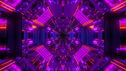 未来派科幻隧道走廊值得酷炫的反射和无尽的发光灯 3d 插图背景壁纸蓝色机库橙子反光粉色艺术小说辉光墙纸渲染背景图片