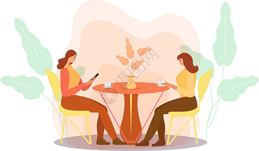 圆桌餐女孩们坐在咖啡馆的一张桌子旁喝咖啡 餐厅里的女性朋友交流 平面现代插图 韦克托女孩酒吧讲话会议夫妻卡通片杯子咖啡店午餐服务插画