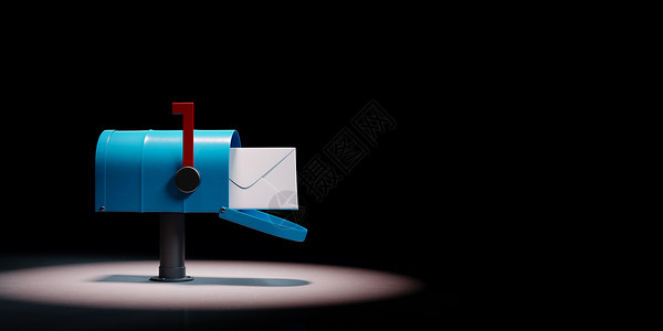 蓝色信封在黑色背景上突出显示的邮箱背景