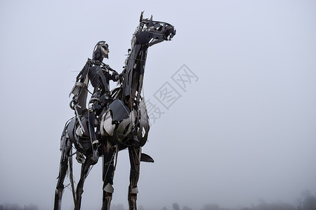 斯瓦族骑士盖尔族头领雕塑看起来英勇 在爱尔兰Roscommon县Boyle附近被雾笼罩背景