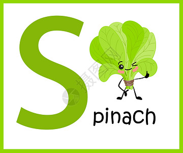 清炒菠菜字母表是英文 字母S 菠菜字符语言卡通片学生学校英语学习蔬菜动物孩子教育设计图片