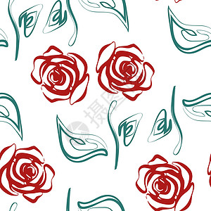 红色手绘红玫瑰美丽的红色和白色无缝图案在玫瑰与轮廓 手绘轮廓线和笔画 完美的背景贺卡和婚礼生日情人节请柬艺术叶子卡片装饰品墙纸时尚模版风格绘画设计图片