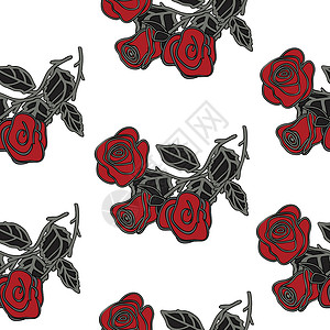茶芽与红玫瑰的无缝模式 矢量图螺纹叶子发芽藤蔓玫瑰墙纸装饰品英语植物群花园插画