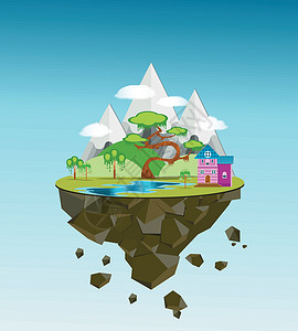 鲁本多岛平面设计岛与山 绿岛天空冒险概念插画