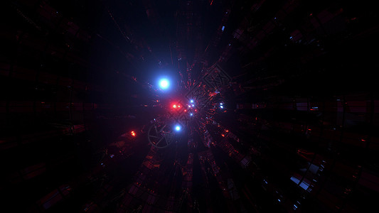 具有反射金属和闪光层的技术隧道 3d 插图背景壁纸图形表红色蓝色球体圆形太空颗粒粒子艺术品运动渲染背景图片