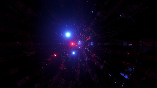 具有反射金属和闪光层的技术隧道 3d 插图背景壁纸图形表蓝色运动艺术品球体粒子红色太空圆形颗粒墙纸背景图片