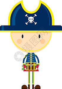 有财宝的卡通海盗船长宝藏插图百宝箱骷髅交叉骨水手颅骨卡通片海盗帽队长背景图片