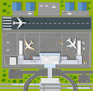 俯视飞机素材飞机俯视角度旅行运输飞机场视角城市建筑建筑学公共汽车航班旅游插画