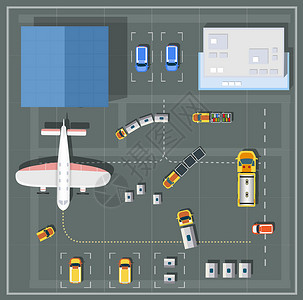 机场汽车飞机俯视角度航班运输视角公共汽车商业旅行建筑学飞机场机场假期插画
