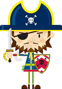 吃苏格兰帽子剑与盾的卡通海盗眼罩海盗帽交叉骨帽子卡通片海盗队长弯刀水手颅骨设计图片