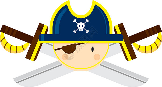 卡通海盗船长与交叉的剑水手弯刀卡通片眼罩颅骨海盗帽骷髅交叉骨队长插画