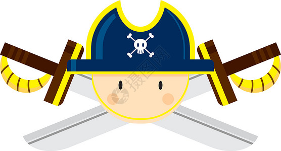 船长帽卡通海盗船长与交叉的剑骷髅卡通片交叉骨水手队长颅骨海盗帽弯刀插画